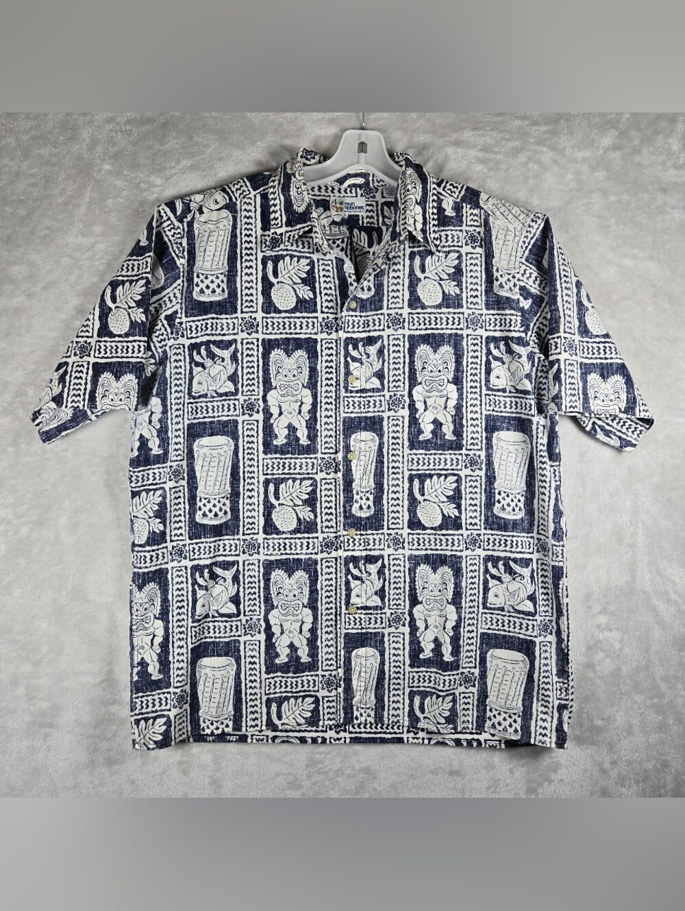 Reyn Spooner Vintage Blue White Tiki Hawaiian Shirt Size Large Men's Button Down